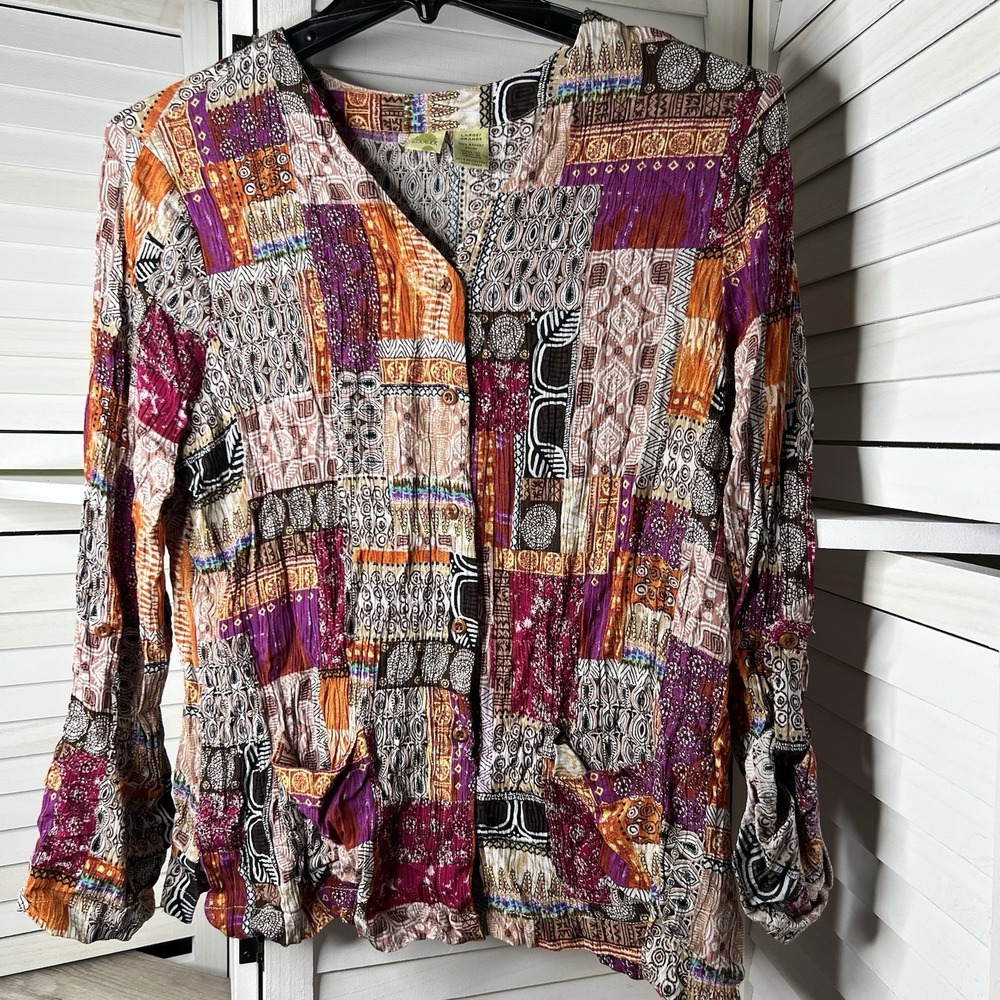 Islander Crinkle Rayon Patchwork Button Down‎ Top Women's Lg Roll-Tab Sleeve